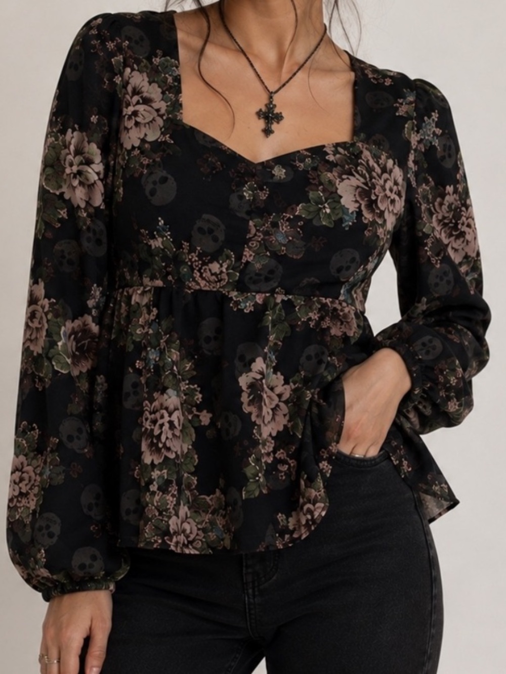 Torrid | Floral Skull Sweetheart Peplum Blouse Top Sz 00 M/L Whimsigoth Babydoll